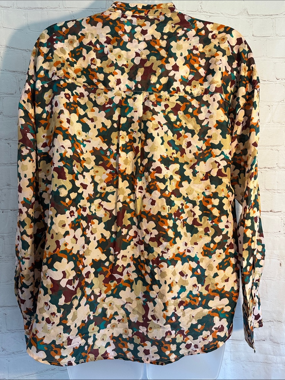 Johnny Was Calme Silk 1/2 Half Button Down Blouse in Floral Brown & Green New - Picture 8 of 10